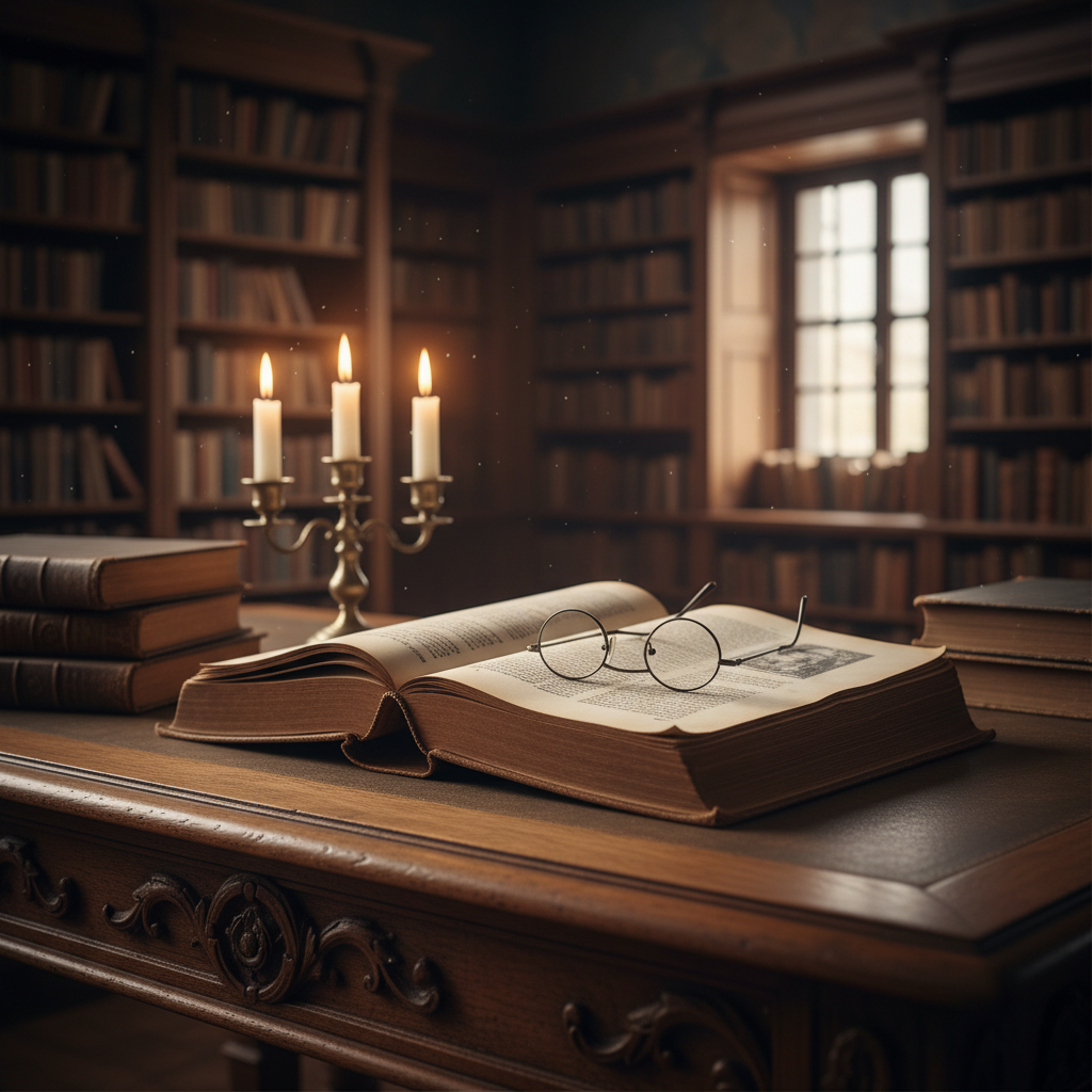 고풍스러운 목제 책상 위에 펼쳐진 오래된 철학 서적과 그 위에 놓인 클래식한 안경, 은은한 촛불이 만드는 따뜻한 조명 아래 고요한 도서관의 분위기를 담은 고해상도 시네마틱 이미지