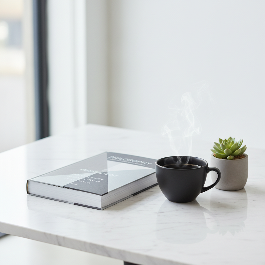 하얀 대리석 테이블 위에 놓인 현대적인 디자인의 철학 책과 김이 모락모락 나는 검은 커피 한 잔, 그리고 작은 초록색 다육 식물이 조화를 이루는 미니멀하고 밝은 감성의 사진