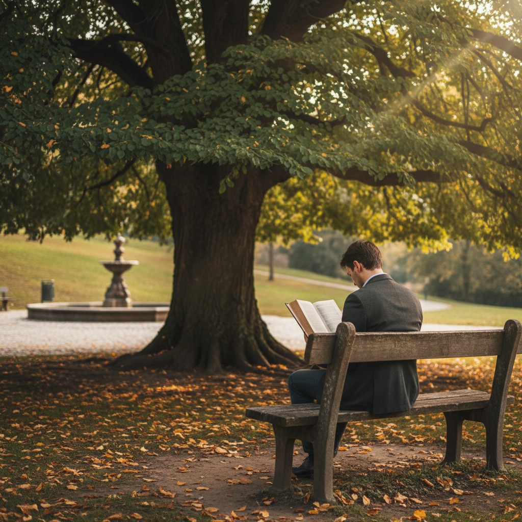 커다란 느티나무 아래 벤치에 앉아 두꺼운 철학 서적에 몰입해 있는 사람의 뒷모습과 나뭇잎 사이로 쏟아지는 부드러운 햇살이 평화로운 분위기를 자아내는 풍경