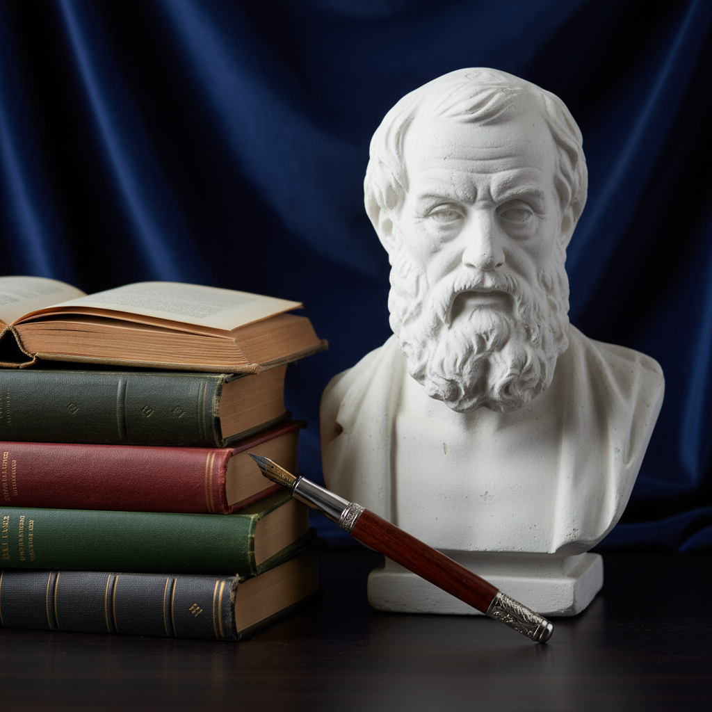 그리스 철학자 소크라테스의 석고상 옆에 쌓여 있는 클래식한 양장본 도서들과 빈티지 만년필, 깊은 남색 배경이 지적인 무게감을 전달하는 정물 사진