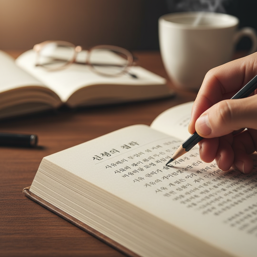 철학 책의 중요한 문장에 연필로 정성스럽게 밑줄을 긋는 손을 클로즈업한 사진으로, 종이의 질감과 활자의 선명함이 돋보이는 학구적인 분위기의 이미지