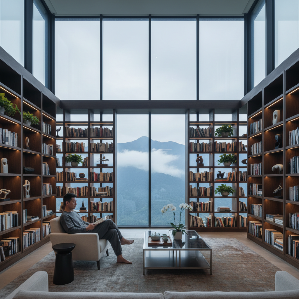 안개 낀 산이 내려다보이는 큰 창가 옆 서재에서 바닥부터 천장까지 가득 찬 책장을 배경으로 명상하듯 책을 읽는 평온하고 현대적인 실내 전경